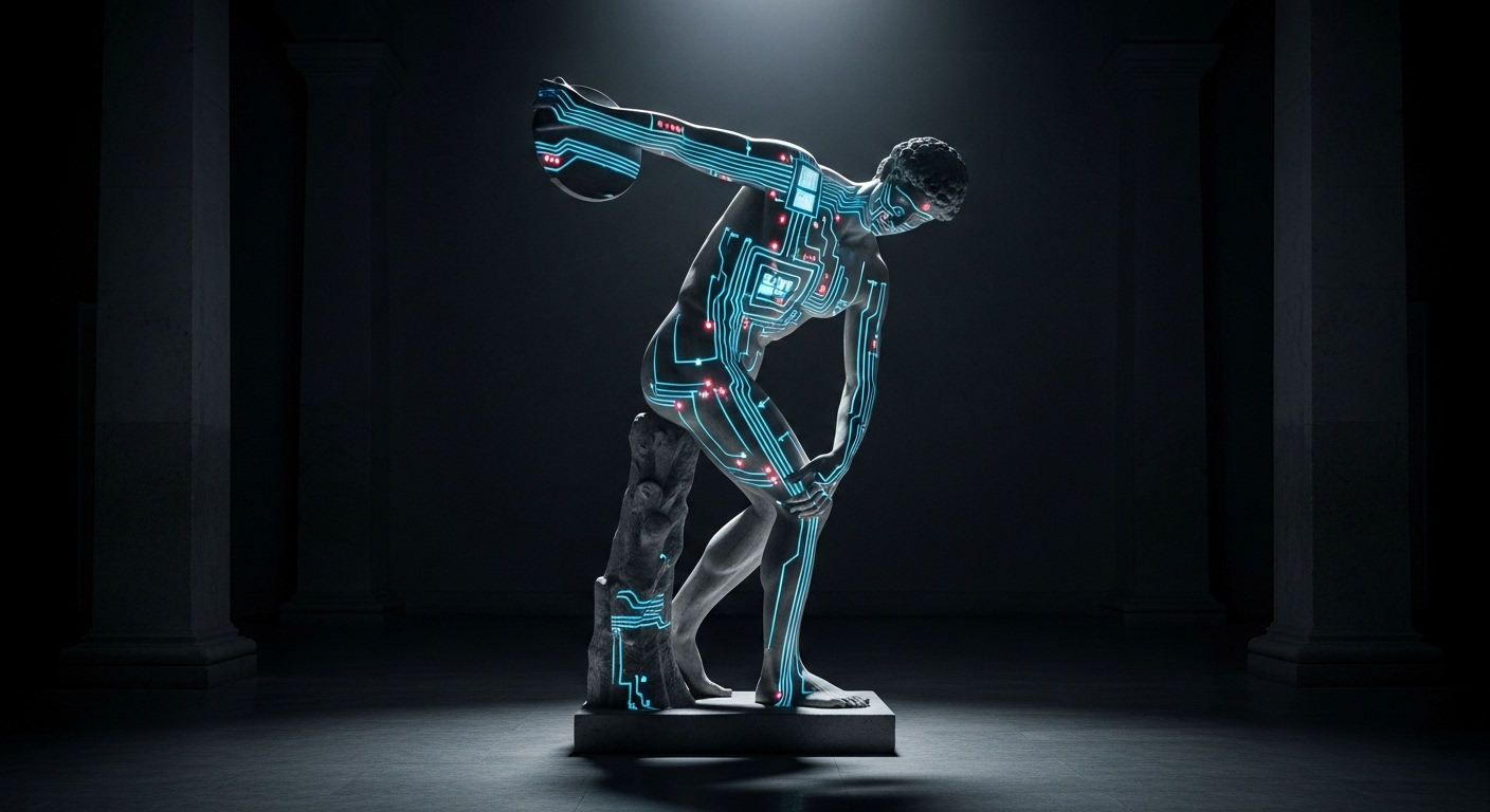 A digital pattern projected onto a classical statue representing AI's impact on humanity. A visual metaphor for the dark side of AI encroaching on human culture.
