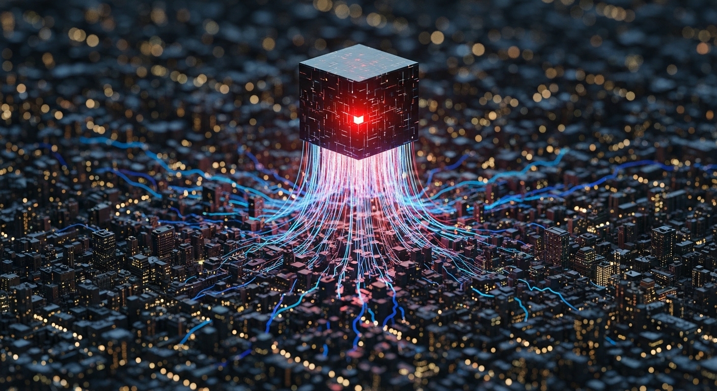 A miniature city with data streams flowing to a central AI core. A symbolic representation of AI-powered mass surveillance and technology control.