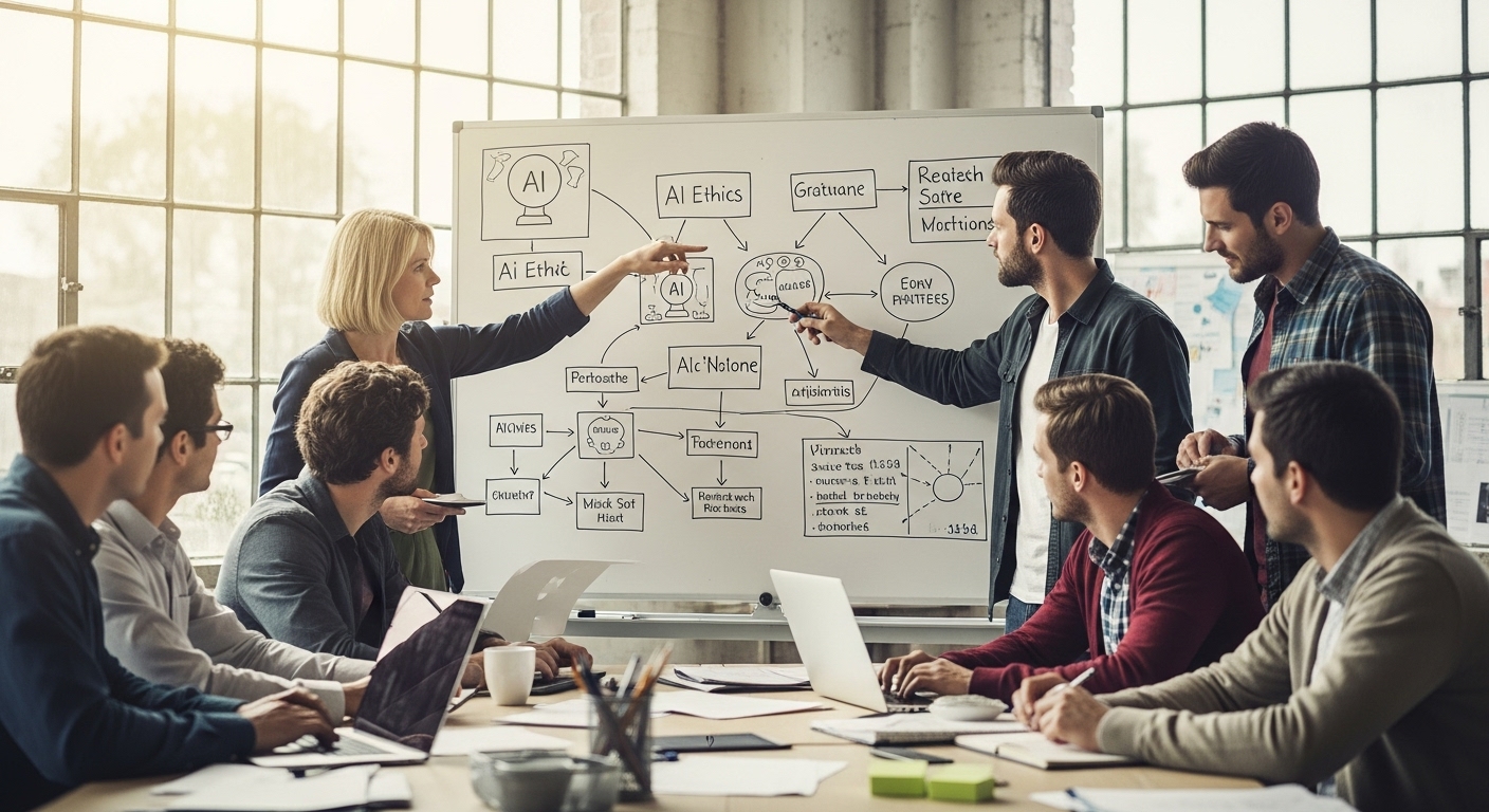 A group of diverse professionals working together to mitigate AI risks and build a safe future.