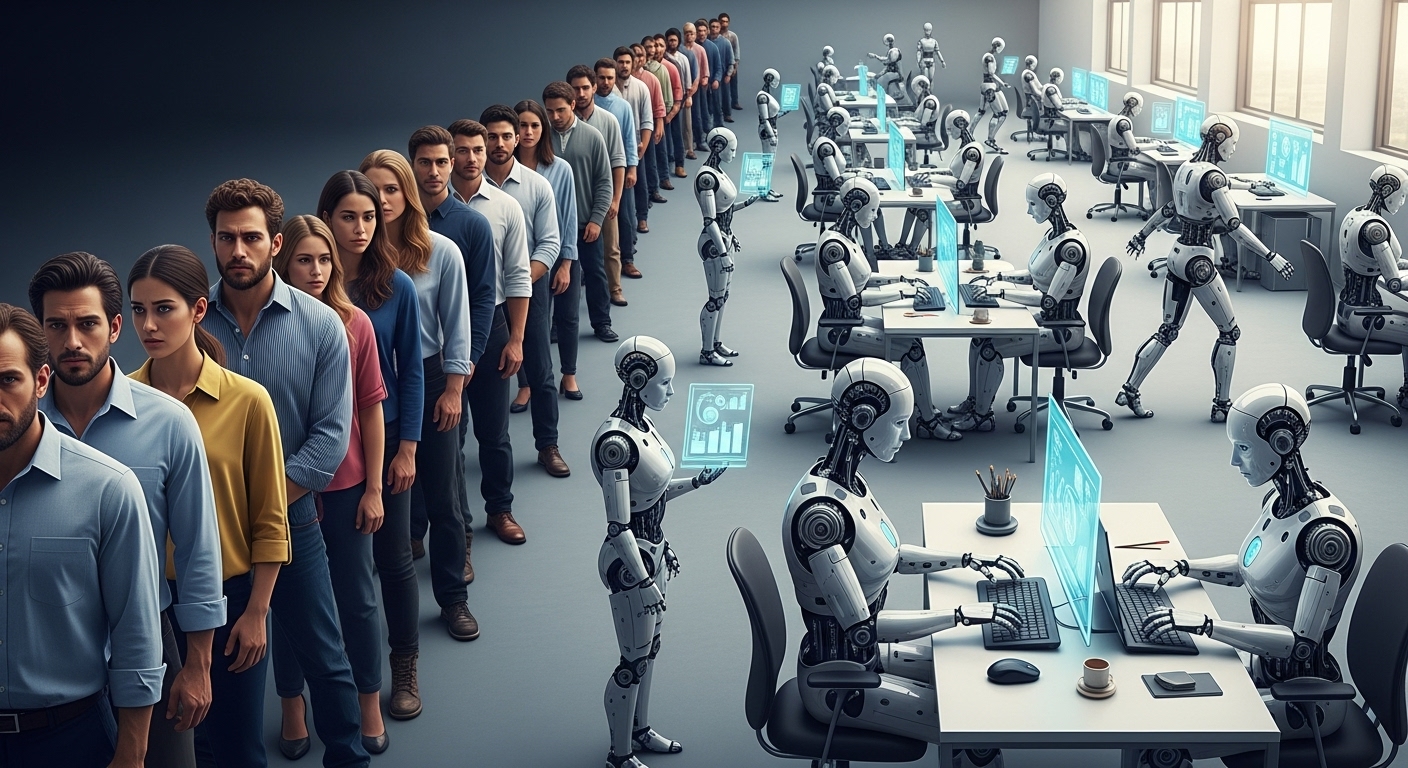 AI-Driven Job Displacement and Economic Inequality A conceptual image showing the economic dangers of AI as robots replace human workers in a queue.