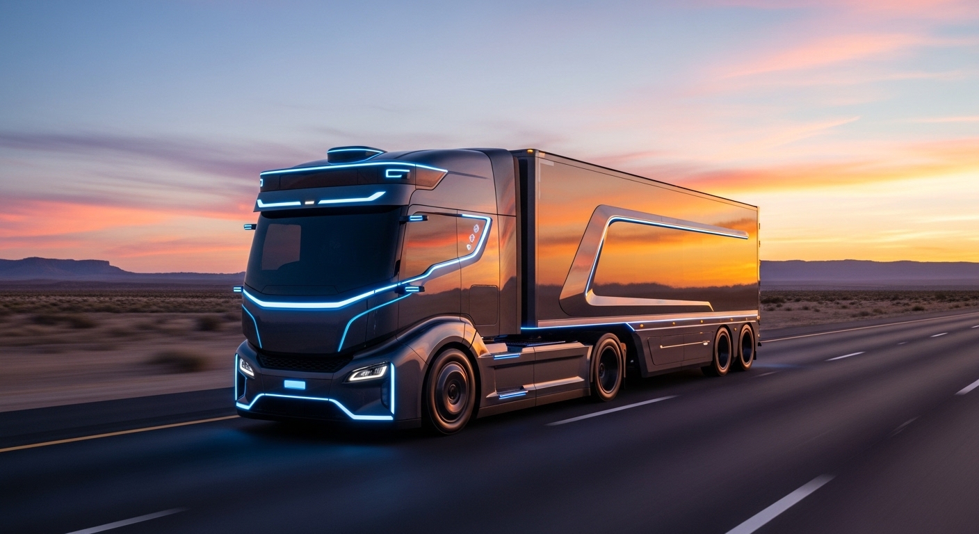 A futuristic semi-truck representing AI replacing human drivers on a highway at dusk.