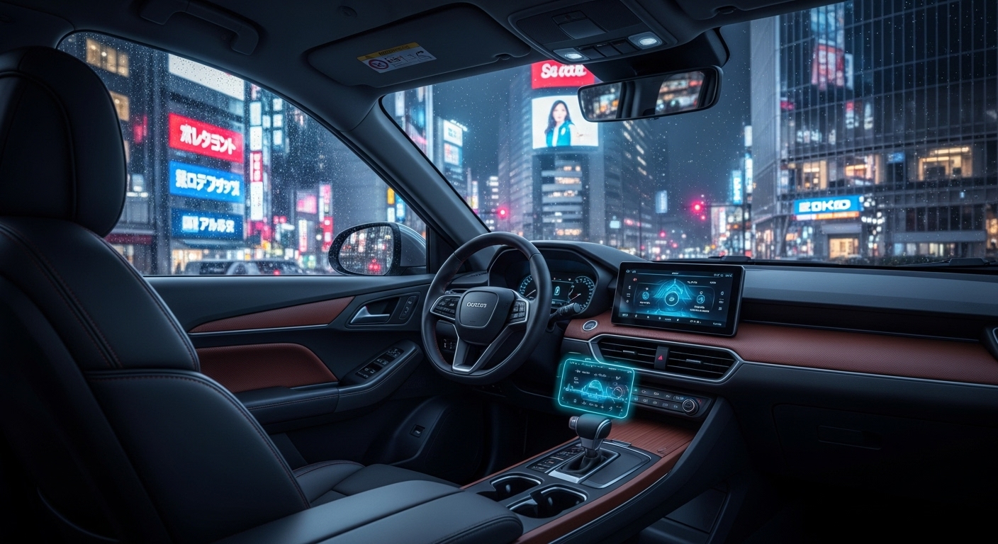 The empty interior of a self-driving robotaxi in a busy, futuristic city.