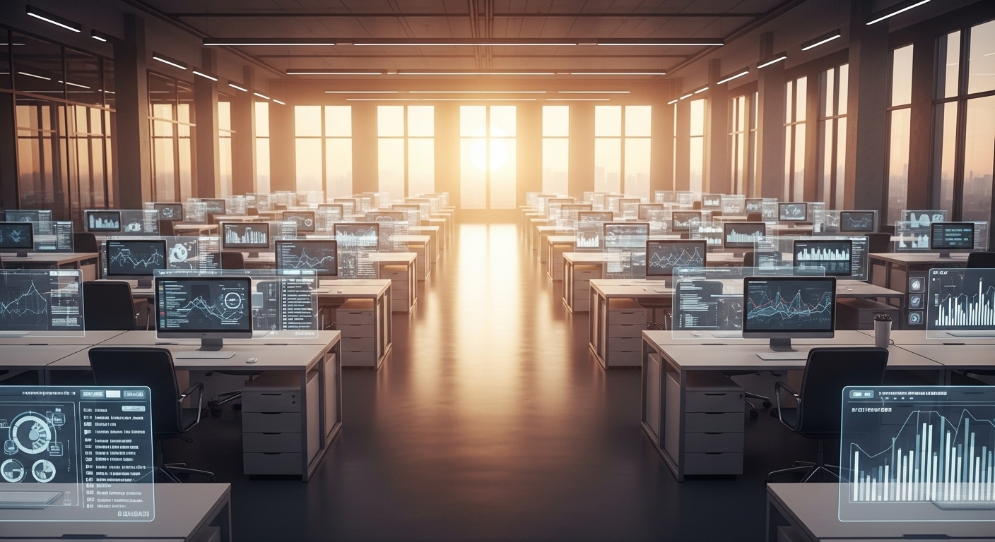 An empty office with glowing holographic interfaces at each desk. An empty office symbolizing AI replacing humans and widespread AI job loss.