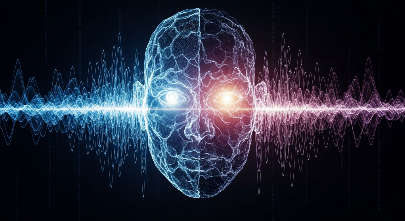 A digital soundwave transforming into a face, symbolizing the technology behind an AI voice cloning scam.