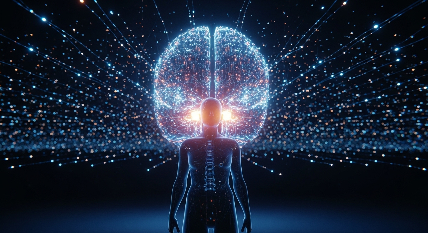 Humanity Confronting the Vastness of Artificial Intelligence A symbolic representation of the dangers of AI to humanity, showing a person before a giant AI network.