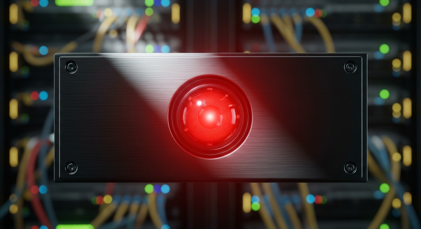 The Existential Risk of an Uncontrollable Superintelligence An ominous red AI eye representing the ultimate existential risk of superintelligence.