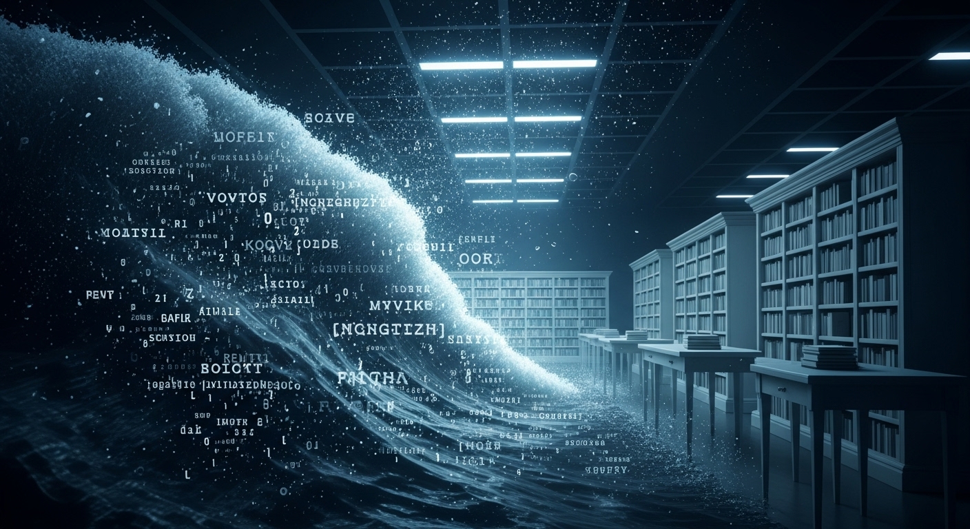 The Flood of AI-Generated Slop A symbolic image representing the crisis of AI content pollution as a tidal wave of digital junk.